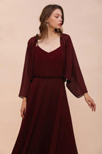 Vestido de dama de honor burdeos con tirantes finos y drapeados, vestido largo hasta el suelo para invitada de boda