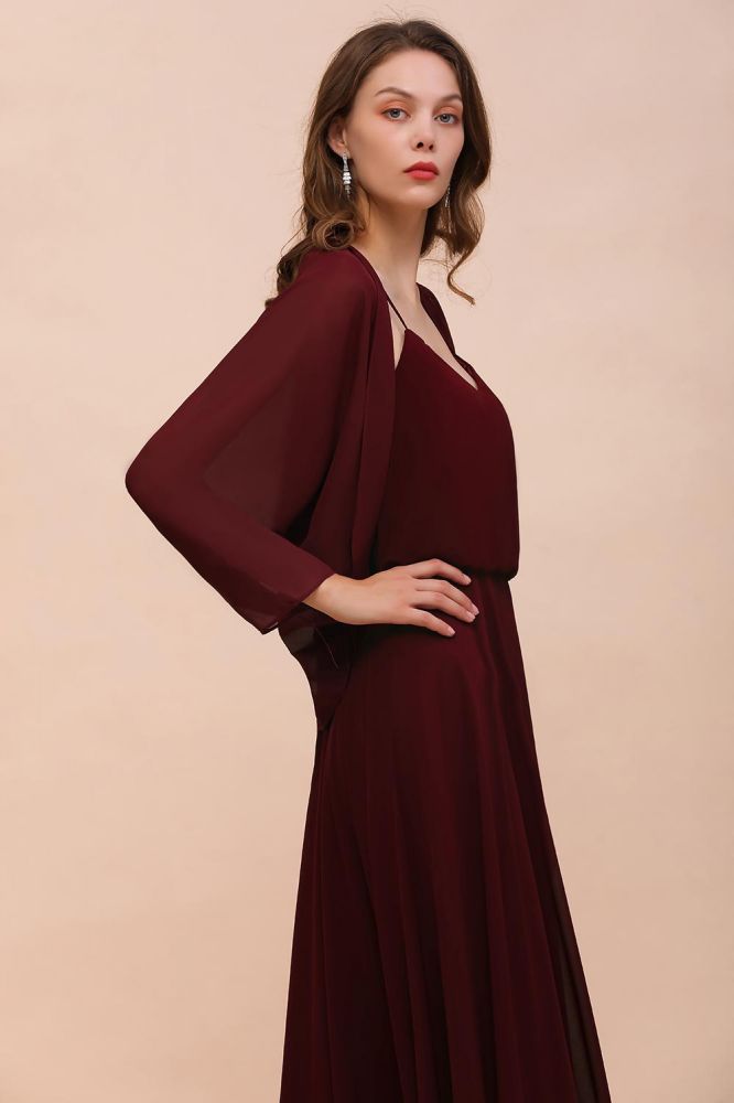 Vestido de dama de honor burdeos con tirantes finos y drapeados, vestido largo hasta el suelo para invitada de boda