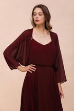 Vestido de dama de honor burdeos con tirantes finos y drapeados, vestido largo hasta el suelo para invitada de boda