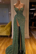 Spaghetti-Starps Charming Sequins Mermaid Split Prom Dresses