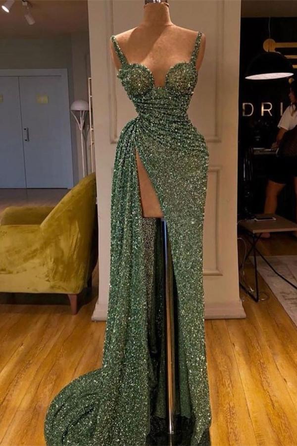 Spaghetti-Starps Charming Sequins Mermaid Split Prom Dresses