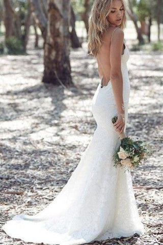 Vestidos de novia largos y elegantes con tirantes finos, encaje, espalda descubierta, escote en V y cola de barrido. 