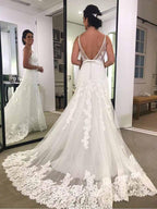 Spaghetti Strap Printed Backless Lace Beach Wedding Dresses with Sash   WD428