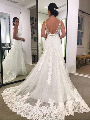 Robe de mariée de plage en dentelle imprimée dos nu à fines bretelles avec ceinture WD428