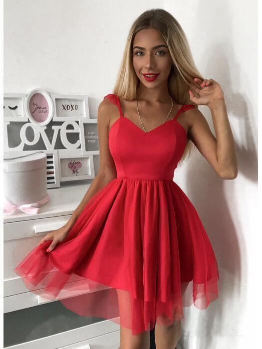 Vestido corto rojo de tirantes finos para baile de graduación, minivestido para fiesta de bienvenida PD305