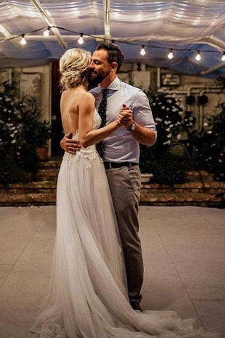 Vestidos de novia de playa con tirantes finos y escote en V, vestidos de novia sin espalda WD285