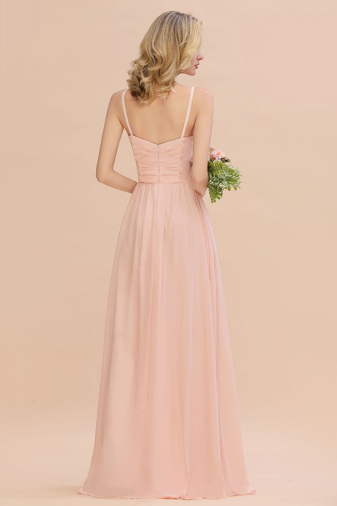 Robe de demoiselle d'honneur trapèze à fines bretelles et décolleté cœur en mousseline de soie