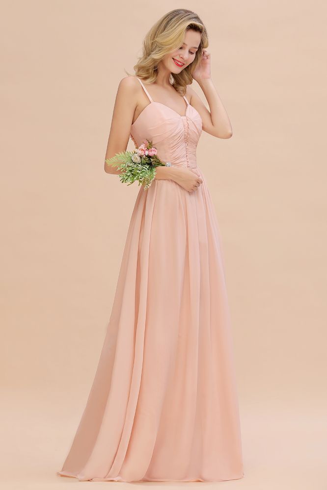 Robe de demoiselle d'honneur trapèze à fines bretelles et décolleté cœur en mousseline de soie