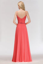 Vestido largo de noche de corte A, sin mangas, con tirantes finos, de gasa y bordado de cuentas, ideal para damas de honor.