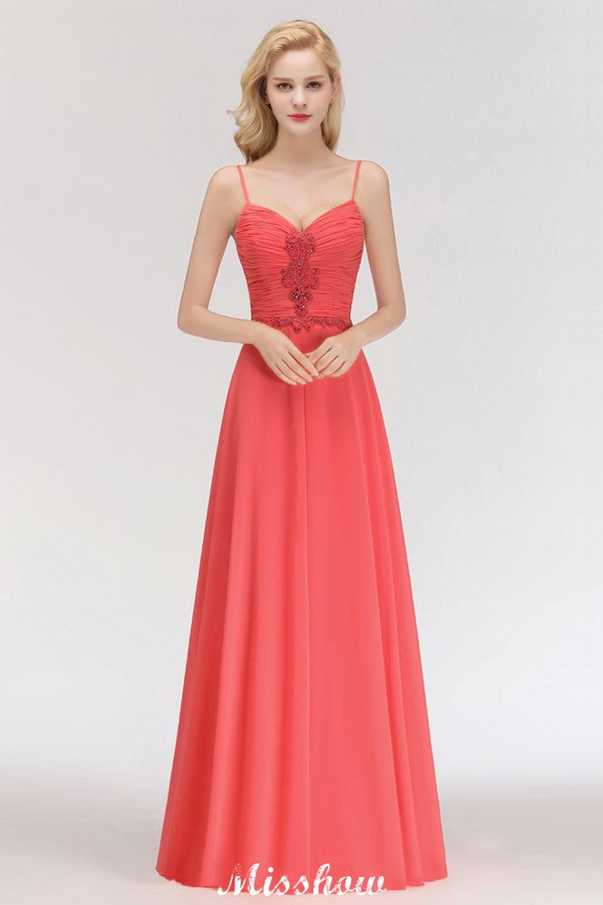 Vestido largo de noche de corte A, sin mangas, con tirantes finos, de gasa y bordado de cuentas, ideal para damas de honor.
