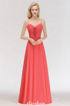 Vestido largo de noche de corte A, sin mangas, con tirantes finos, de gasa y bordado de cuentas, ideal para damas de honor.