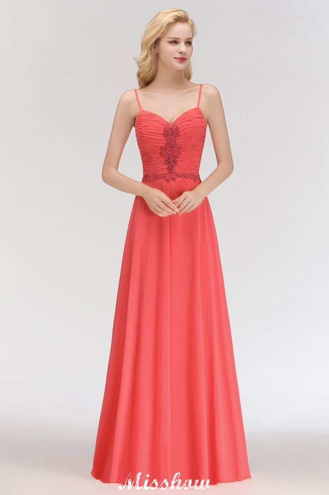 Vestido largo de noche de corte A, sin mangas, con tirantes finos, de gasa y bordado de cuentas, ideal para damas de honor.