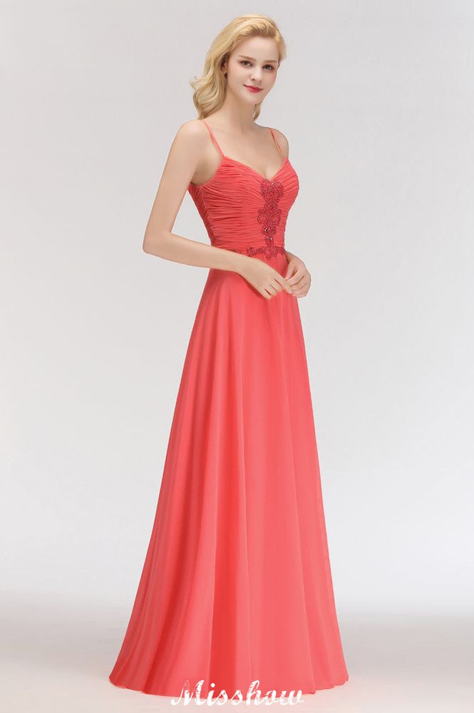 Vestido largo de noche de corte A, sin mangas, con tirantes finos, de gasa y bordado de cuentas, ideal para damas de honor.