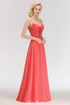 Vestido largo de noche de corte A, sin mangas, con tirantes finos, de gasa y bordado de cuentas, ideal para damas de honor.