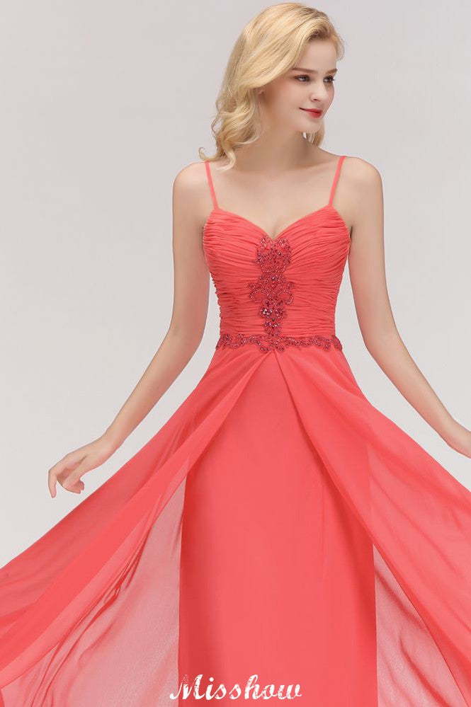 Vestido largo de noche de corte A, sin mangas, con tirantes finos, de gasa y bordado de cuentas, ideal para damas de honor.