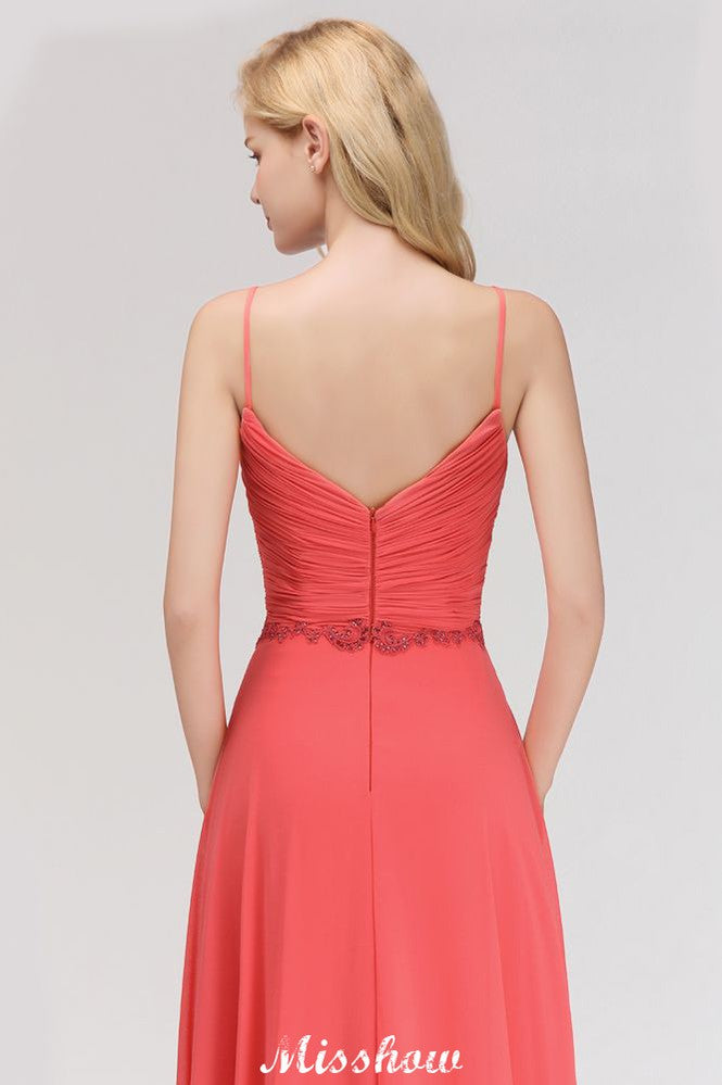 Vestido largo de noche de corte A, sin mangas, con tirantes finos, de gasa y bordado de cuentas, ideal para damas de honor.
