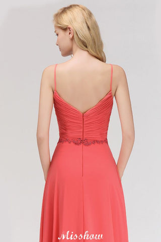 Vestido largo de noche de corte A, sin mangas, con tirantes finos, de gasa y bordado de cuentas, ideal para damas de honor.