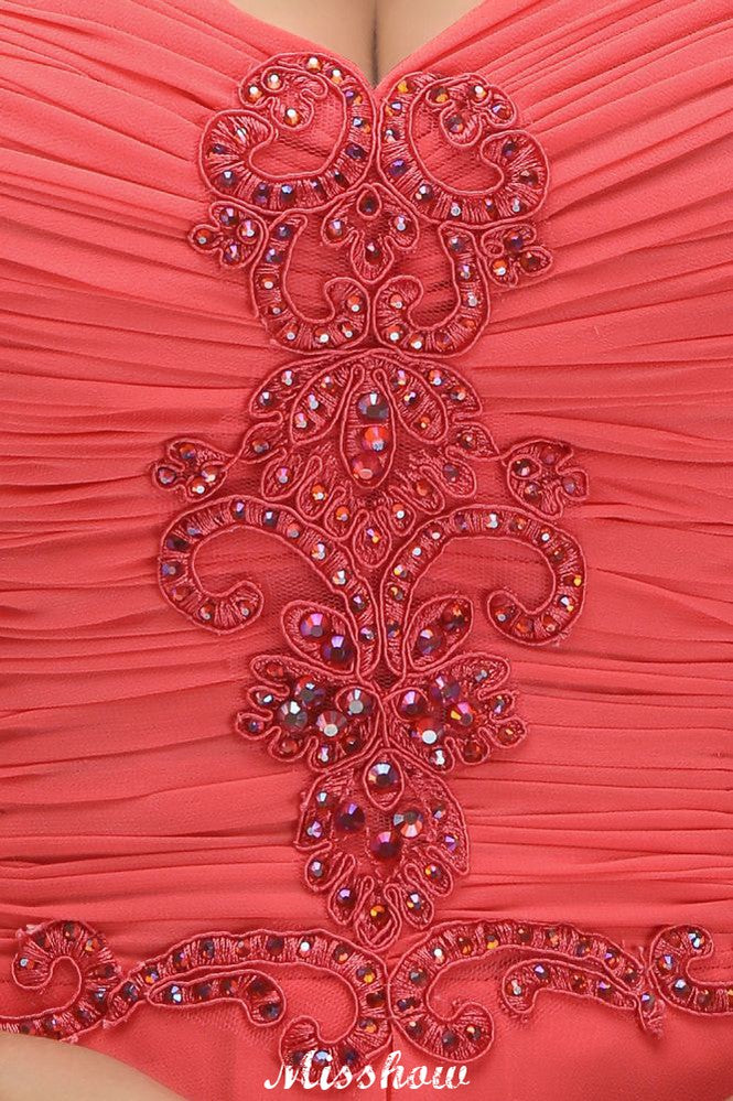 Vestido largo de noche de corte A, sin mangas, con tirantes finos, de gasa y bordado de cuentas, ideal para damas de honor.