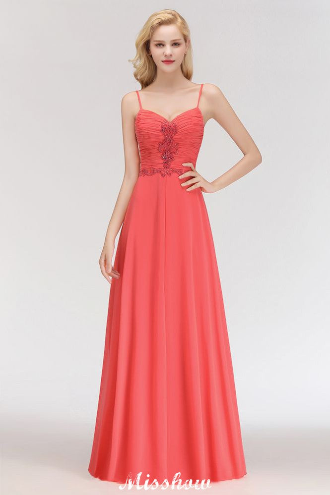Vestido largo de noche de corte A, sin mangas, con tirantes finos, de gasa y bordado de cuentas, ideal para damas de honor.