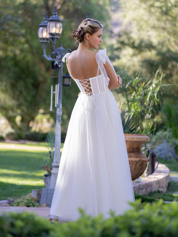 Vestido de fiesta largo hasta el suelo con corsé, lazo de tul y tirantes finos