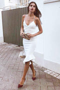 Robe de cocktail/de bal de fin d'année en satin blanc à fines bretelles, longueur genou, référence PD076