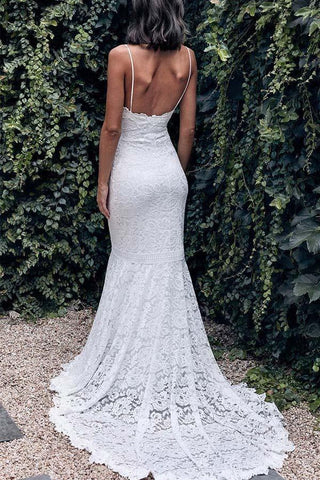 Vestido de novia de sirena con tirantes finos y encaje integral en color marfil WD061
