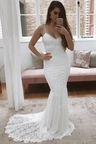 Vestido de novia de sirena con tirantes finos y encaje integral en color marfil WD061