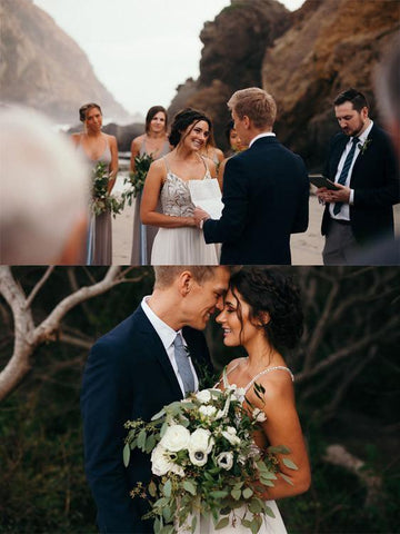 Vestidos de novia rústicos de corte A con escote de tirantes finos y cuentas WD549