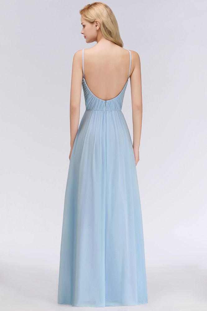 Vestido de dama de honor de gasa con tirantes finos y volantes, color azul cielo, corte en A, para boda o fiesta.