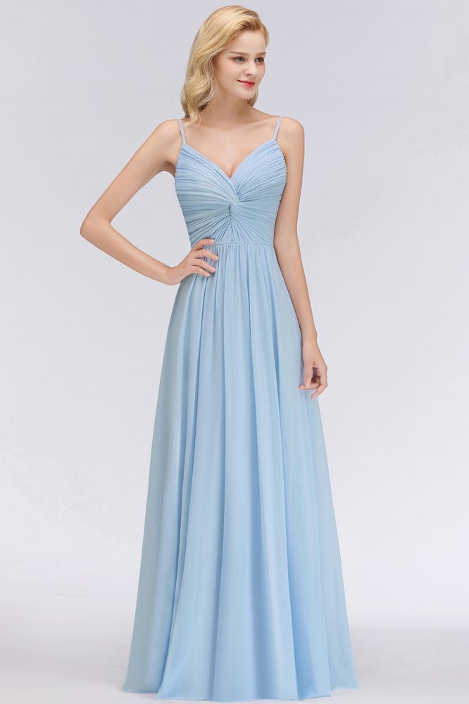 Vestido de dama de honor de gasa con tirantes finos y volantes, color azul cielo, corte en A, para boda o fiesta.