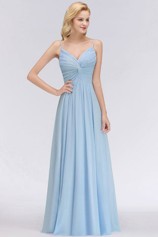 Spaghetti Straps Ruggle Chiffon Bridesmaid Dress Sky Blue A-line Wedding Party Dress