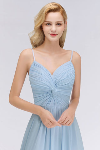 Spaghetti Straps Ruggle Chiffon Bridesmaid Dress Sky Blue A-line Wedding Party Dress
