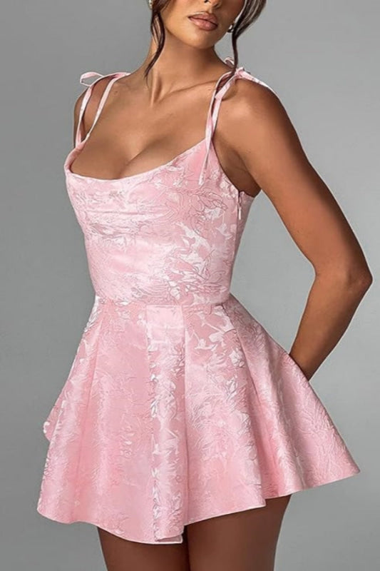 Vestido corto de fiesta de satén con tirantes finos y estilo glamuroso, vestido de fiesta sin mangas de jacquard