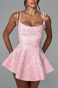 Vestido corto de fiesta de satén con tirantes finos y estilo glamuroso, vestido de fiesta sin mangas de jacquard