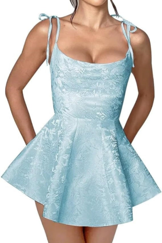 Vestido corto de fiesta de satén con tirantes finos y estilo glamuroso, vestido de fiesta sin mangas de jacquard