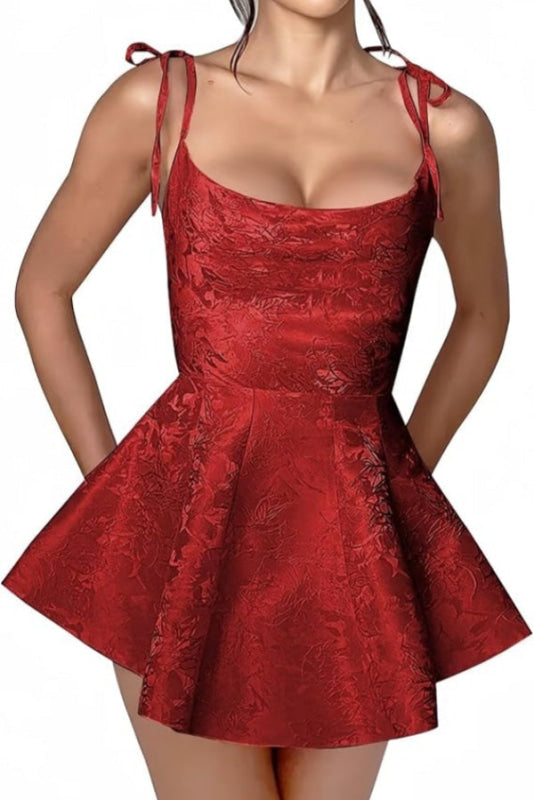 Vestido corto de fiesta de satén con tirantes finos y estilo glamuroso, vestido de fiesta sin mangas de jacquard