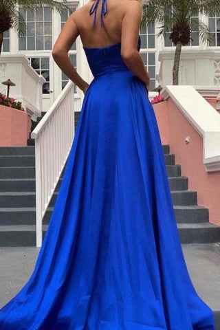 Vestidos de gala azul real brillante con tirantes finos. Vestidos de fiesta de princesa con escote en V y abertura elegante disponibles en línea.