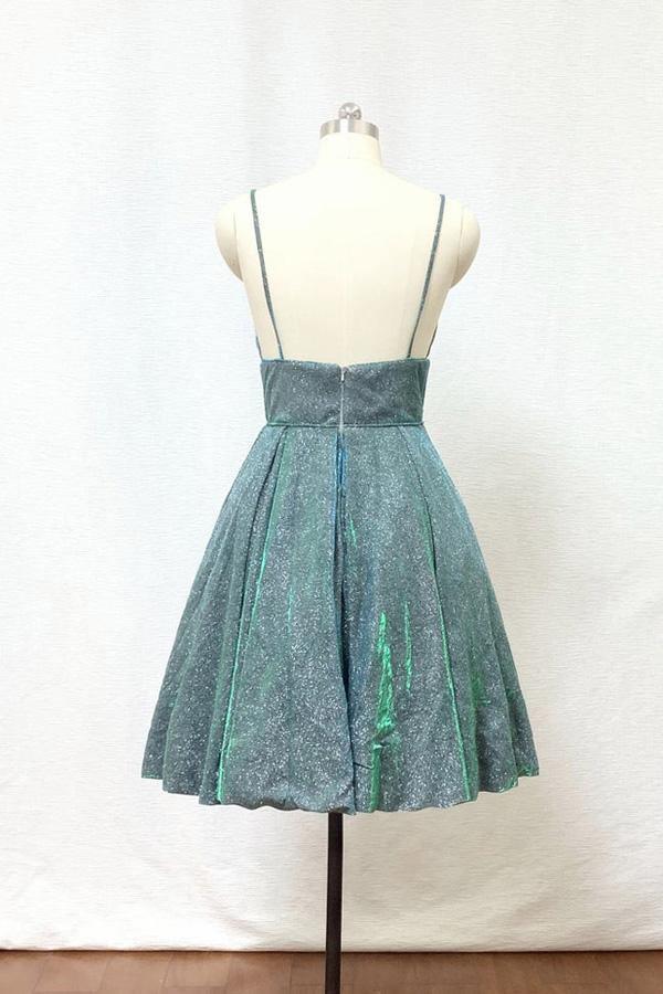 Vestido corto de fiesta de bienvenida con tirantes finos, purpurina verde plateada y bolsillos PD428