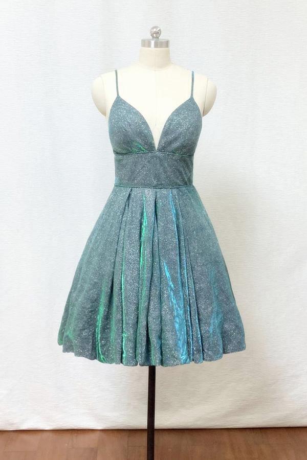 Vestido corto de fiesta de bienvenida con tirantes finos, purpurina verde plateada y bolsillos PD428