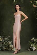 Spaghetti Straps Sleeveless Mermaid Front-Split Satin Prom Dresses
