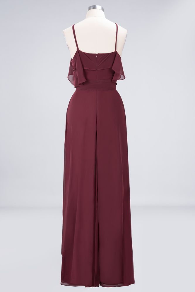 Vestido de dama de honor largo hasta el suelo, sin mangas, con tirantes finos, volantes y fajín con lazo.
