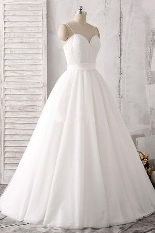 Vestido de novia blanco satinado hasta el suelo con escote corazón y tirantes finos WD143 