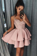 Robe de bal rose satinée à fines bretelles et à volants avec sequins PD017