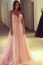 Spaghetti-Straps V-Neck Pink Formal DressesLong Tulle Party Gowns