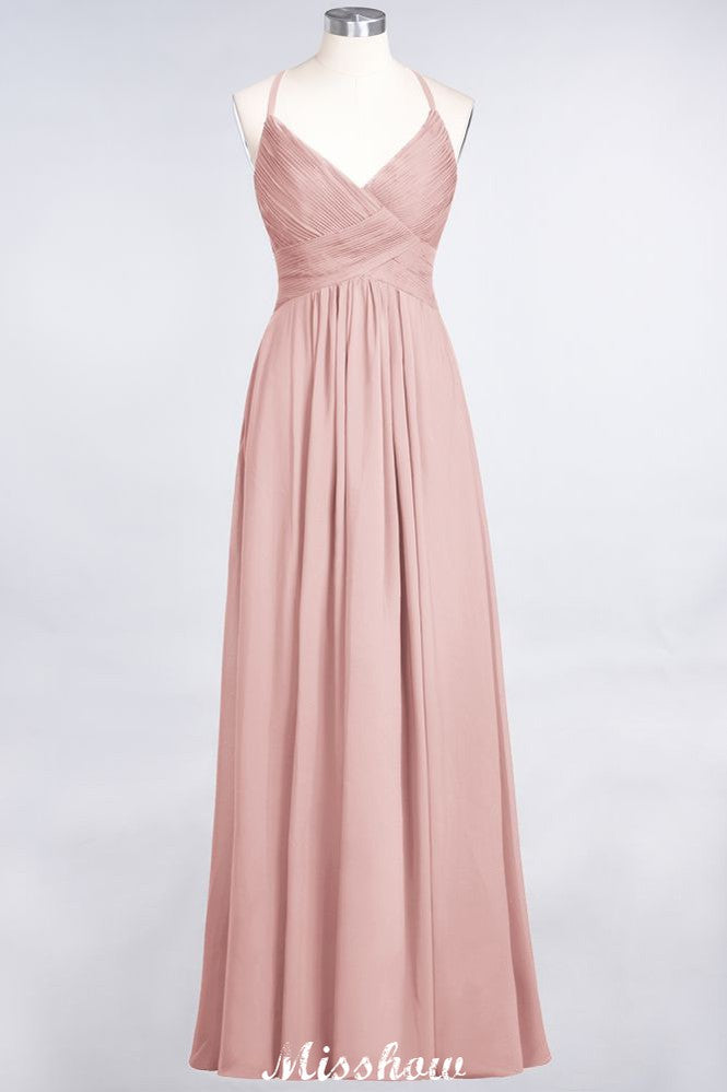 Robe de demoiselle d'honneur longue sans manches, à fines bretelles et col en V