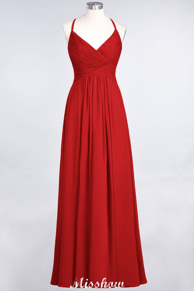 Robe de demoiselle d'honneur longue sans manches, à fines bretelles et col en V