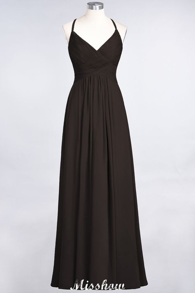 Robe de demoiselle d'honneur longue sans manches, à fines bretelles et col en V