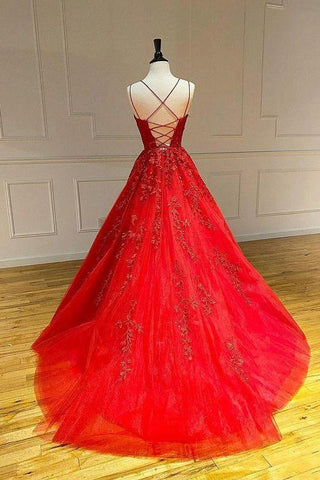 Spaghetti-Strapss Floral Lace Aline Evening Gown Sleeveless Formal Dresses