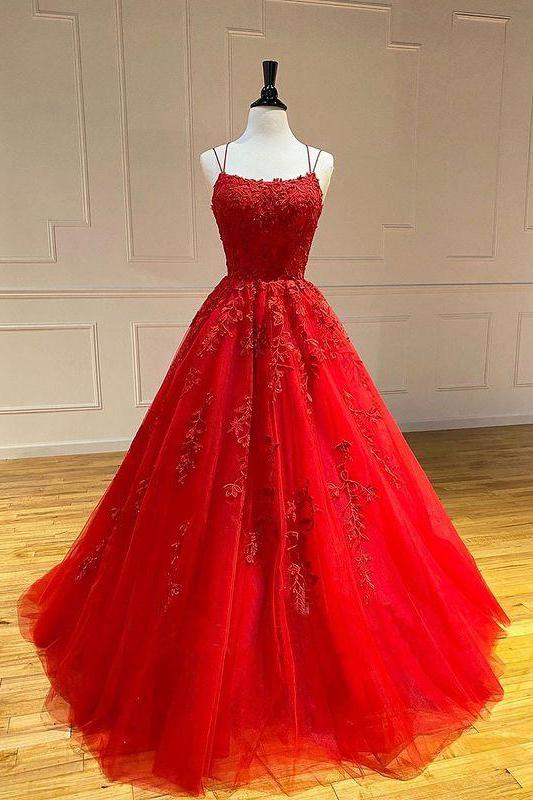 Spaghetti-Strapss Floral Lace Aline Evening Gown Sleeveless Formal Dresses