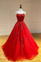 Spaghetti-Strapss Floral Lace Aline Evening Gown Sleeveless Formal Dresses